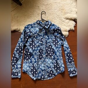 Vtg Roughrider Navy Blue Paisley Patchwork Button-Up Shirt